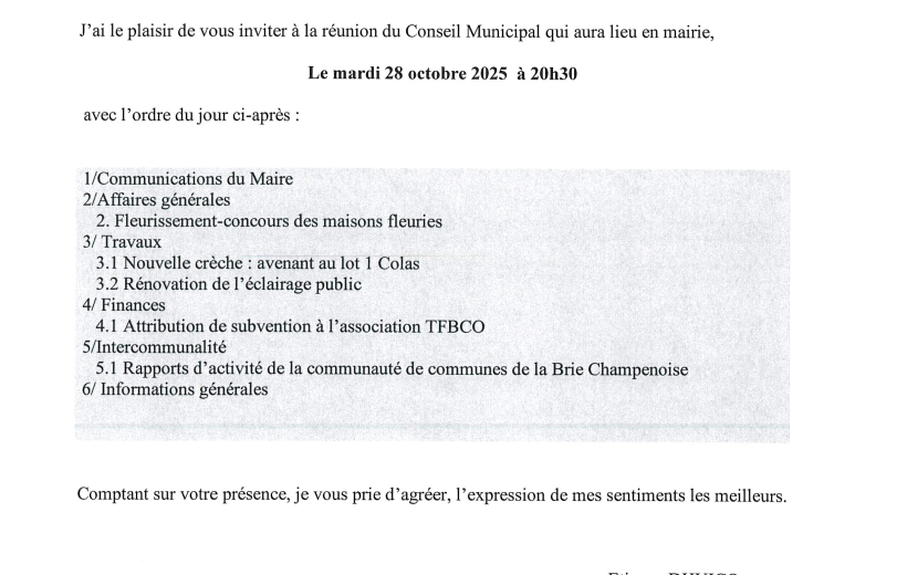 Convocation Conseil Municipal du 28 octobre 2025