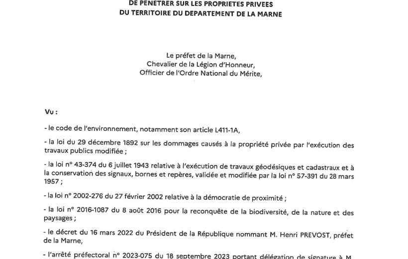 Arrêté portant autorisation de pénétrer sur les propriétés privées
