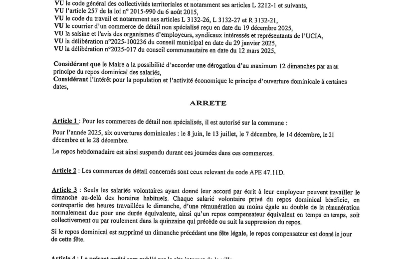 Arrêté municipal portant dérogation au repos dominical