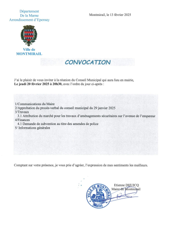 convocation du conseil municipal pour le 20 février 2025
