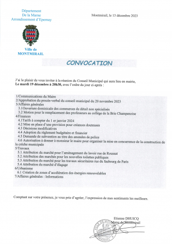Convocation Conseil Municipal du 19 décembre 2023
