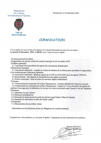 Convocation conseil municipal 10 décembre 2024