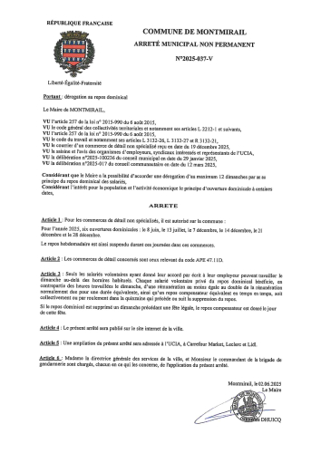 Arrêté municipal portant dérogation au repos dominical