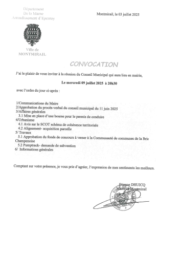 Convocation conseil municipal 09 juillet 2025