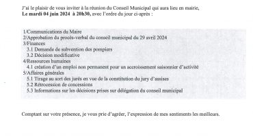 Convocation Conseil Municipal du 04 juin 2024