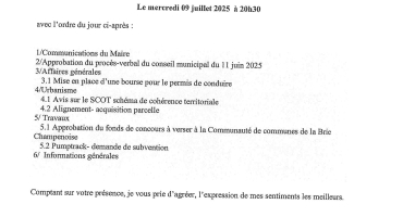 Convocation conseil municipal 09 juillet 2025