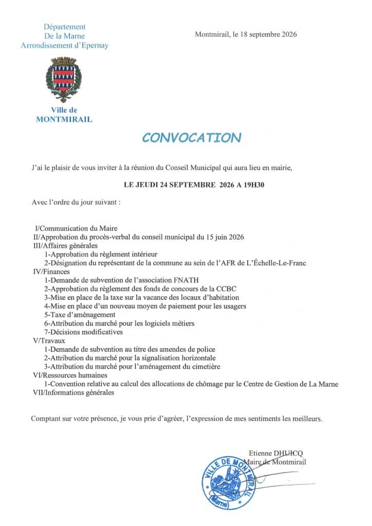 Convocation au conseil municipal du 24 septembre 2026